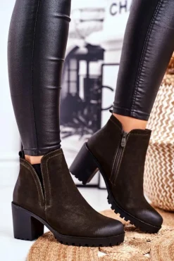 Botki Damskie Na Słupku Ciepłe Khaki Veronica