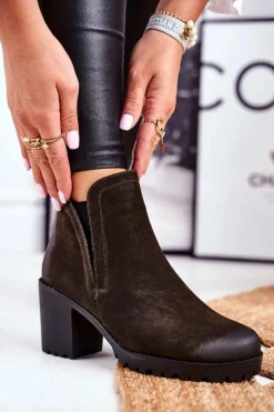 Botki Damskie Na Słupku Ciepłe Khaki Veronica