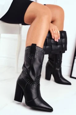 Botki Damskie Na Słupku Ciepłe Kowbojki Czarne Athens