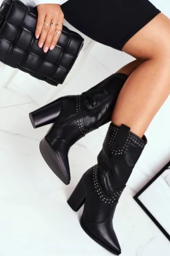 Botki Damskie Na Słupku Ciepłe Kowbojki Czarne Athens