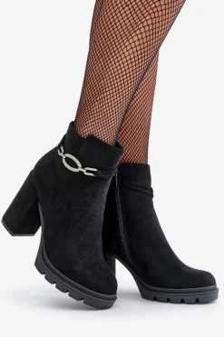 Botki Damskie Na Słupku Eko Zamszowe Z Ozdobnym Paskiem Czarne Maivone