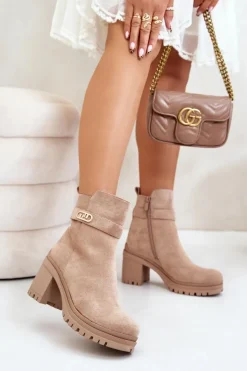 Botki Damskie Na Słupku Eko Zamszowe Ocieplane Na Zamek Beżowe Laonora