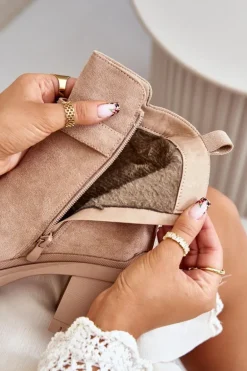 Botki Damskie Na Słupku Eko Zamszowe Ocieplane Na Zamek Beżowe Laonora