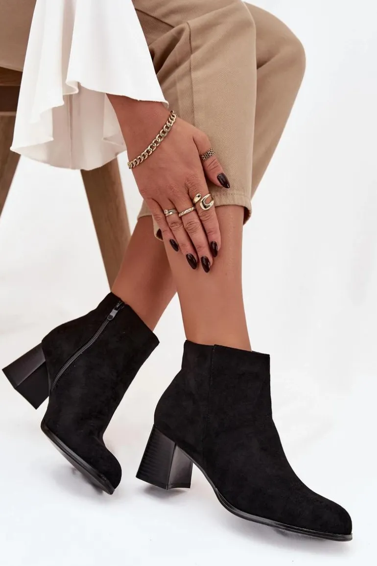 Botki Damskie Na Słupku Eko Zamszowe Czarne Marilou