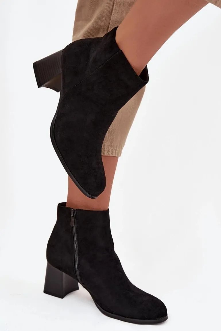 Botki Damskie Na Słupku Eko Zamszowe Czarne Marilou