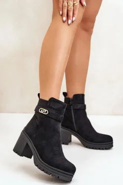 Botki Damskie Na Słupku Eko Zamszowe Ocieplane Na Zamek Czarne Laonora