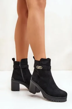 Botki Damskie Na Słupku Eko Zamszowe Ocieplane Na Zamek Czarne Laonora