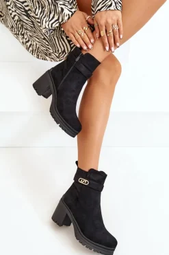 Botki Damskie Na Słupku Eko Zamszowe Ocieplane Na Zamek Czarne Laonora
