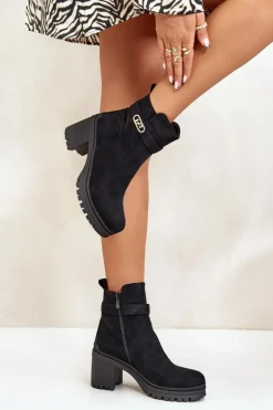 Botki Damskie Na Słupku Eko Zamszowe Ocieplane Na Zamek Czarne Laonora