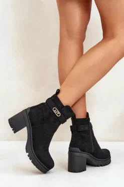 Botki Damskie Na Słupku Eko Zamszowe Ocieplane Na Zamek Czarne Laonora