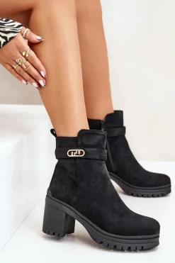 Botki Damskie Na Słupku Eko Zamszowe Ocieplane Na Zamek Czarne Laonora