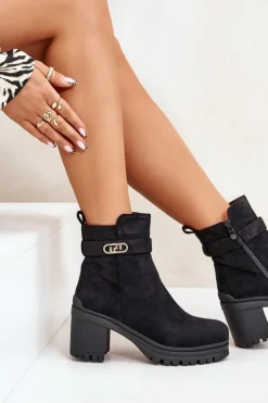 Botki Damskie Na Słupku Eko Zamszowe Ocieplane Na Zamek Czarne Laonora