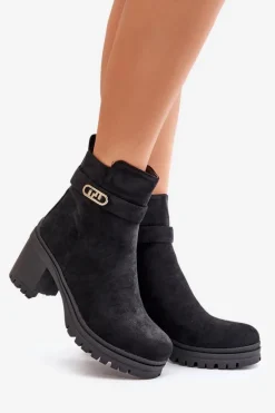Botki Damskie Na Słupku Eko Zamszowe Ocieplane Na Zamek Czarne Laonora