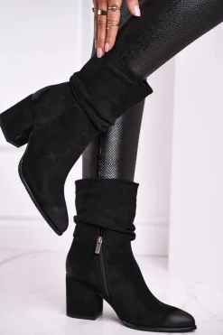 Botki Damskie Na Słupku Eko-Zamsz Czarne Up Side