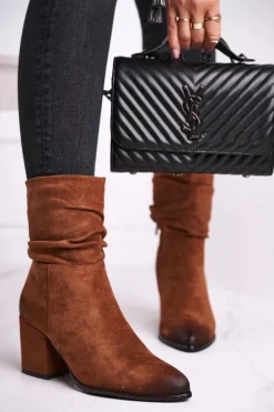 Botki Damskie Na Słupku Eko-Zamsz Camel Up Side