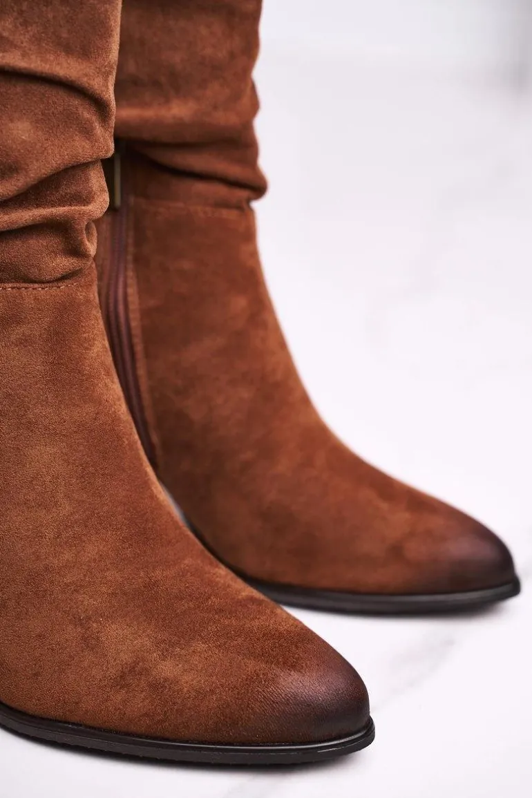 Botki Damskie Na Słupku Eko-Zamsz Camel Up Side