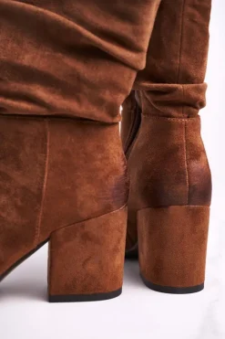 Botki Damskie Na Słupku Eko-Zamsz Camel Up Side