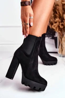 Botki Damskie Na Słupku Eko-Zamsz Czarne Juliet