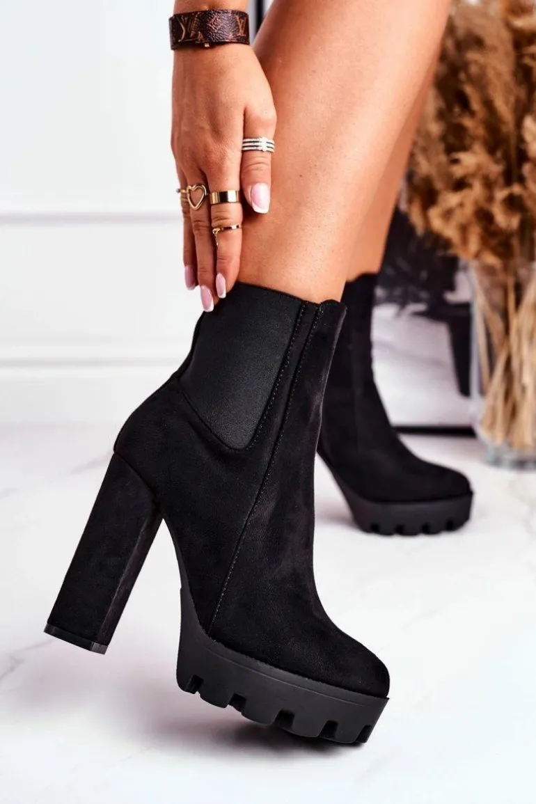 Botki Damskie Na Słupku Eko-Zamsz Czarne Juliet