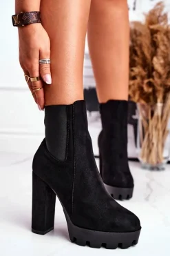 Botki Damskie Na Słupku Eko-Zamsz Czarne Juliet