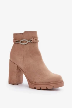 Botki Damskie Na Słupku Eko Zamszowe Z Ozdobnym Paskiem Beżowe Maivone