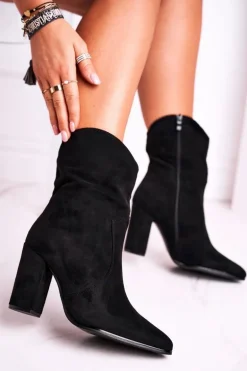 Botki Damskie Na Słupku Eko-Zamsz Czarne Ecstasy