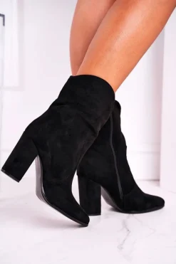 Botki Damskie Na Słupku Eko-Zamsz Czarne Ecstasy