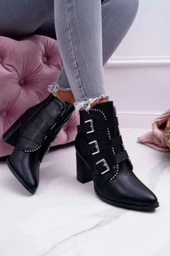 Botki Damskie Na Słupku Klamry Czarne Finbas