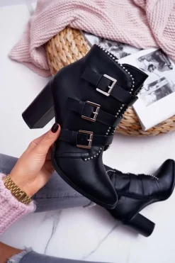 Botki Damskie Na Słupku Klamry Czarne Finbas