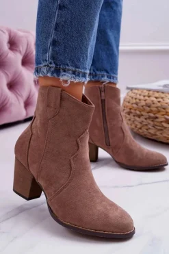 Botki Damskie Na Słupku Kowbojki Khaki Nutriso