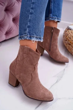 Botki Damskie Na Słupku Kowbojki Khaki Nutriso