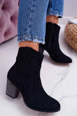 Botki Damskie Na Słupku Kowbojki Czarne Nutriso