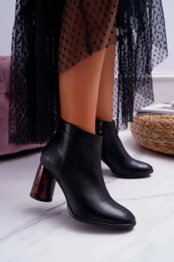 Botki Damskie Na Słupku Laura Messi Skórzane Czarne 2056