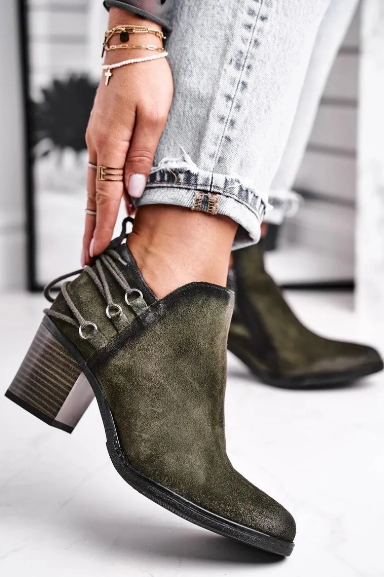 Botki Damskie Na Słupku Maciejka Wiosenne Skóra Oliwkowe 04812-24