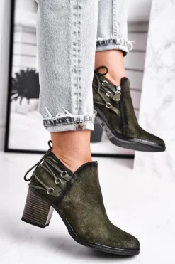 Botki Damskie Na Słupku Maciejka Wiosenne Skóra Oliwkowe 04812-24