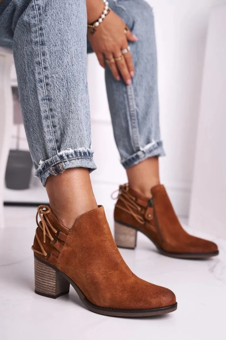 Botki Damskie Na Słupku Maciejka Skóra Rude 04812-29