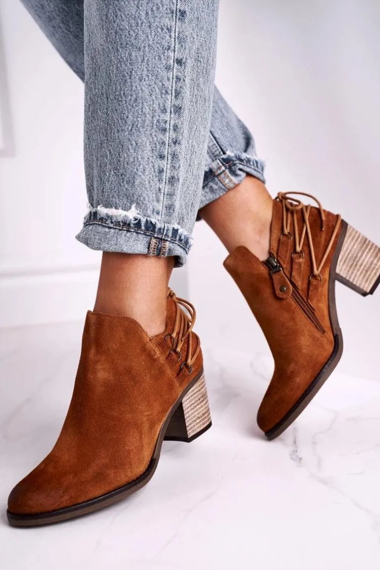 Botki Damskie Na Słupku Maciejka Skóra Rude 04812-29