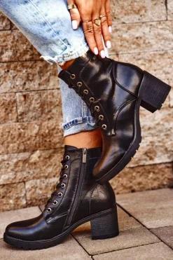 Botki Damskie Na Słupku Ocieplane Czarne Fiber