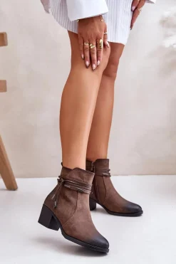 Botki Damskie Na Słupku Ocieplane Brązowe Lobina