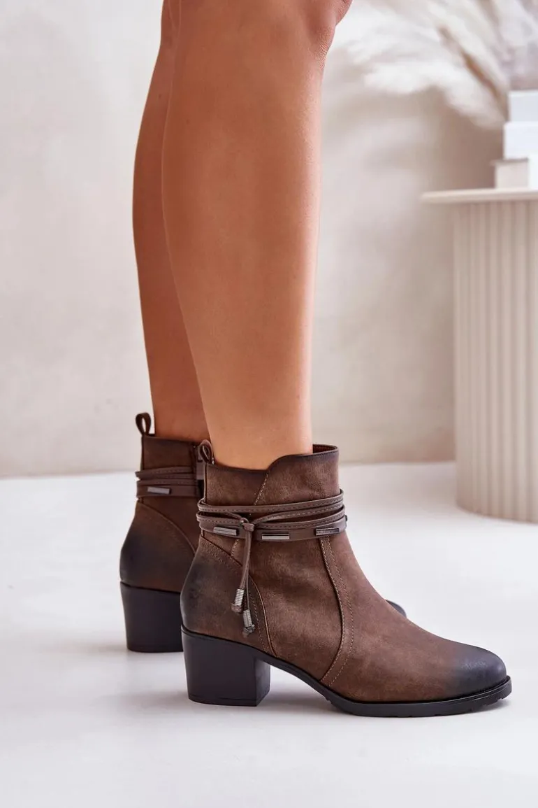 Botki Damskie Na Słupku Ocieplane Brązowe Lobina