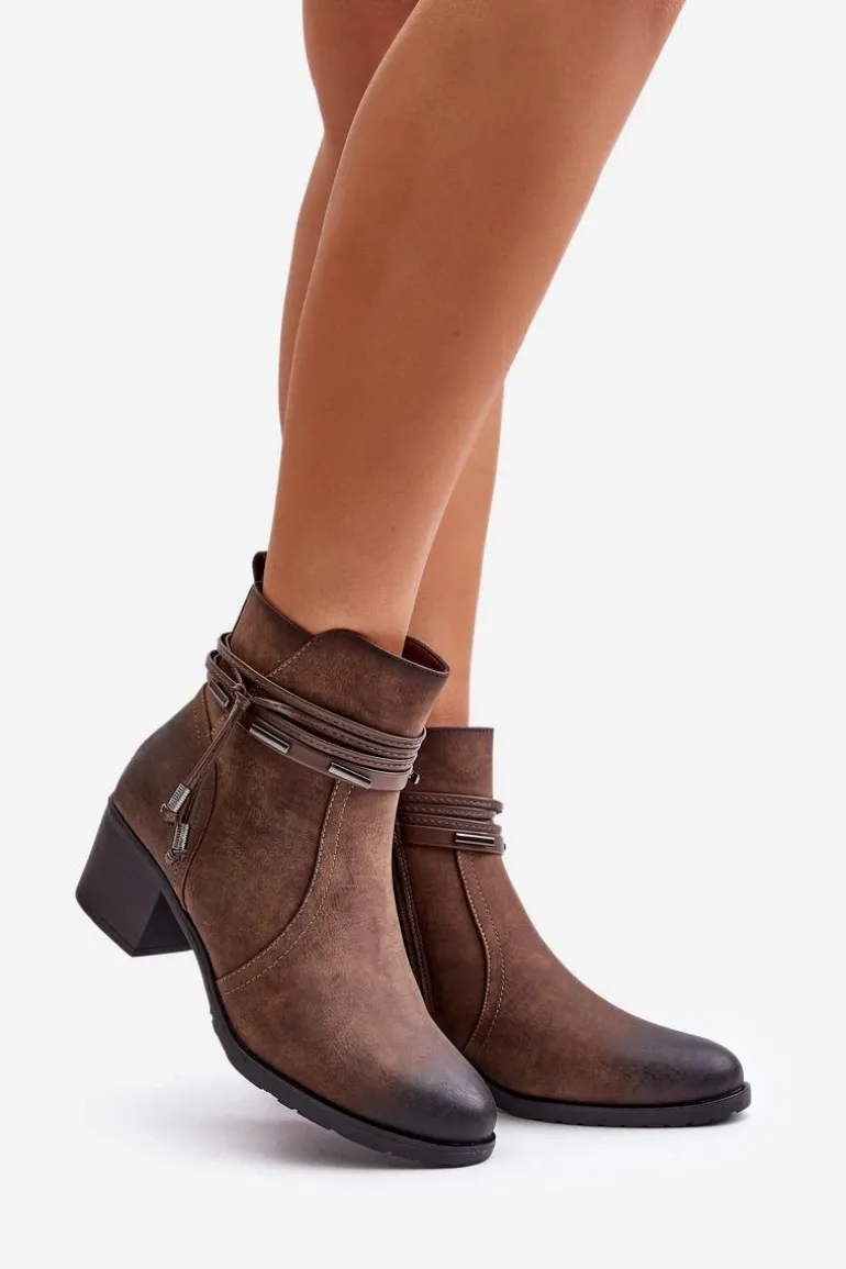 Botki Damskie Na Słupku Ocieplane Brązowe Lobina