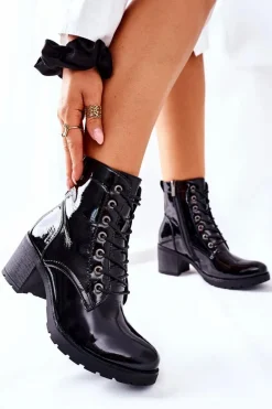 Botki Damskie Na Słupku Ocieplane Lakierowane Czarne Dunaff