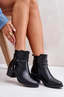 Botki Damskie Na Słupku Ocieplane Czarne Lobina