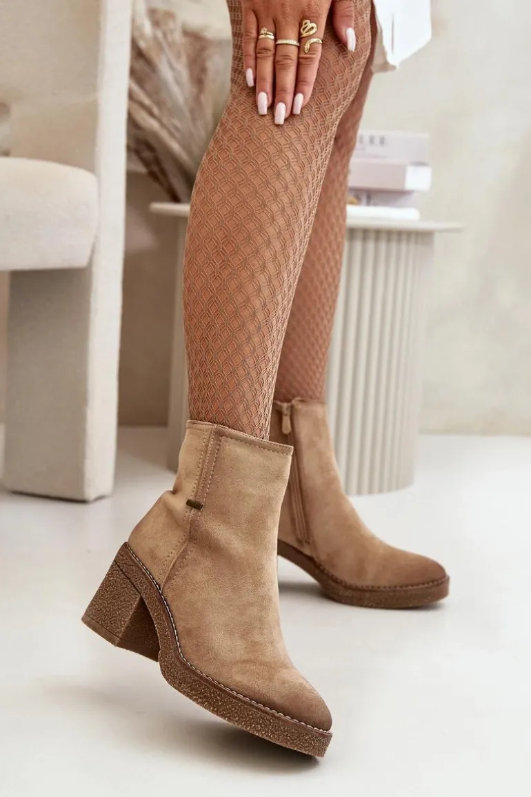 Botki Damskie Na Słupku Ocieplane Eko Zamszowe Beżowe Arkesia