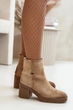 Botki Damskie Na Słupku Ocieplane Eko Zamszowe Beżowe Arkesia