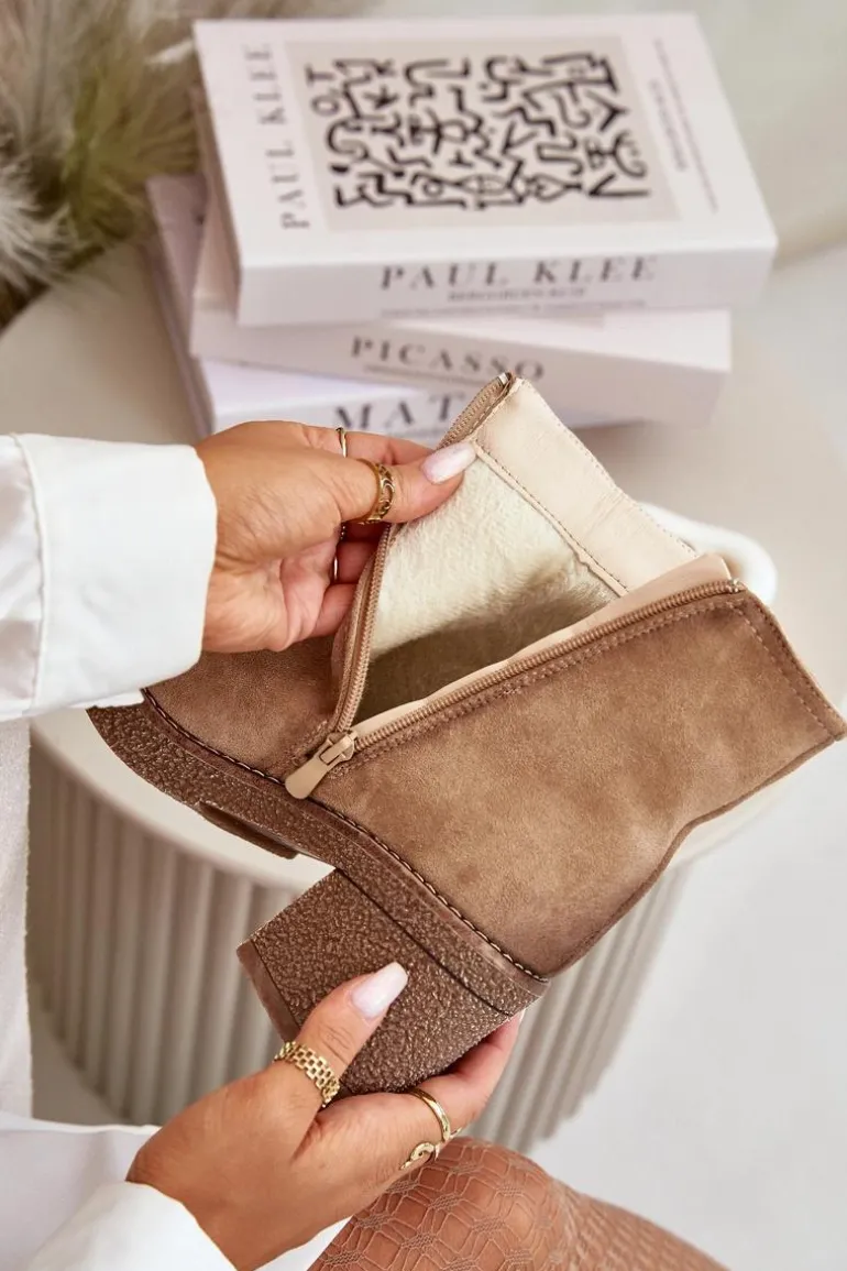 Botki Damskie Na Słupku Ocieplane Eko Zamszowe Beżowe Arkesia