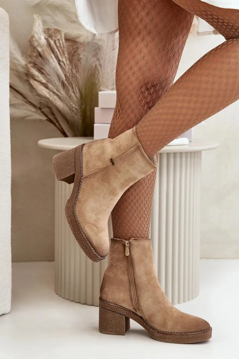 Botki Damskie Na Słupku Ocieplane Eko Zamszowe Beżowe Arkesia