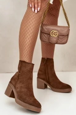 Botki Damskie Na Słupku Ocieplane Eko Zamszowe Brązowe Arkesia