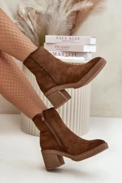 Botki Damskie Na Słupku Ocieplane Eko Zamszowe Brązowe Arkesia