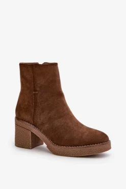 Botki Damskie Na Słupku Ocieplane Eko Zamszowe Brązowe Arkesia